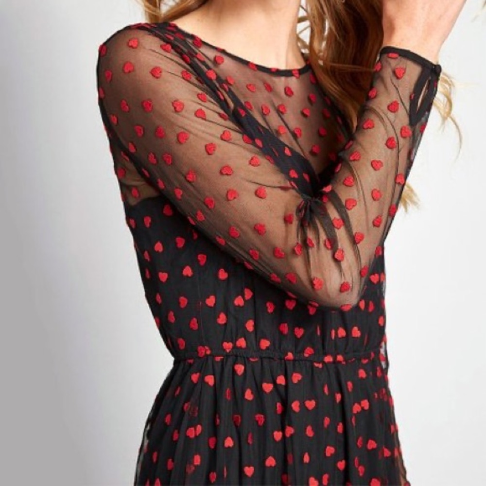 ModCloth Valentine’s Day black and red heart dress with mesh overlay
